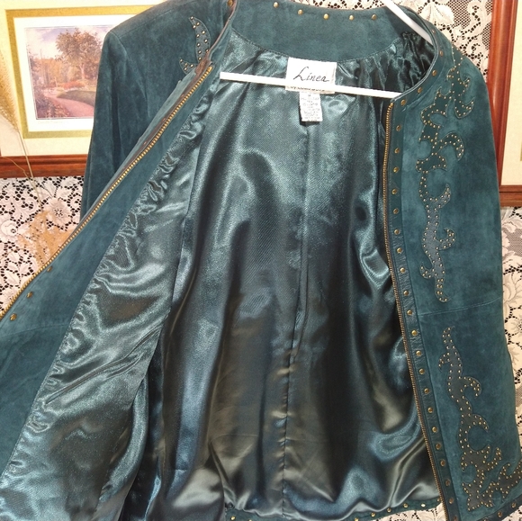 Louis Dell Olio turquoise teal 100% suede with leather trim moto zipper jacket - Picture 5 of 5